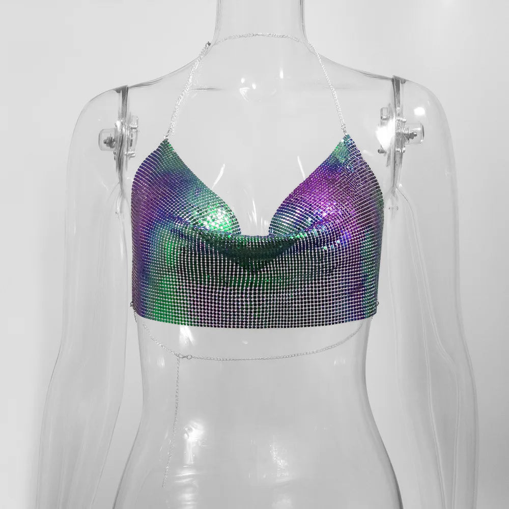 Electra Metallic Sequin Halter Backless Crop Top One-piece