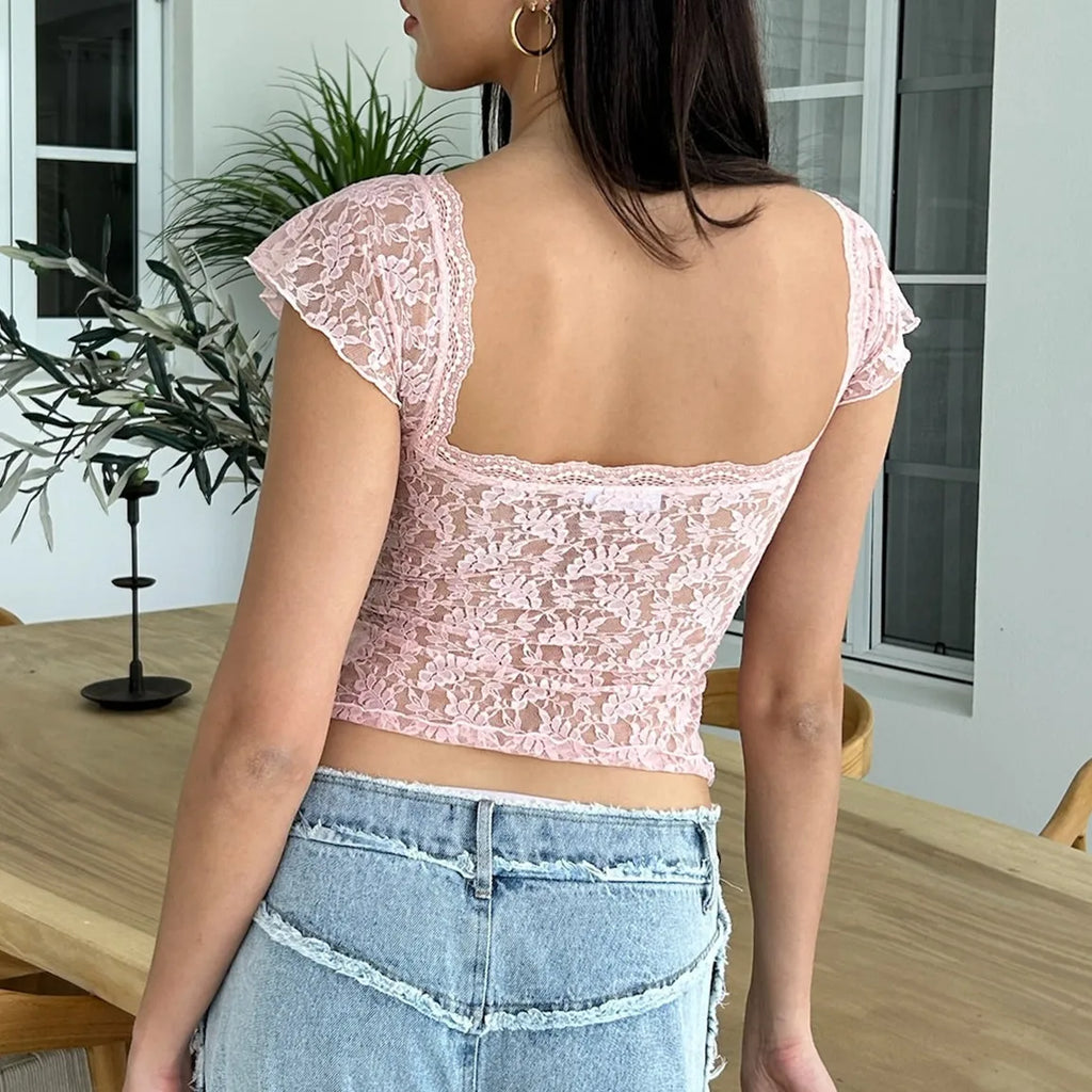Tessa Lace Cap Sleeve Sweetheart Tie-Front Crop Top