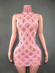 Selena Crystal Sheer Bodycon Halter Mini Dress