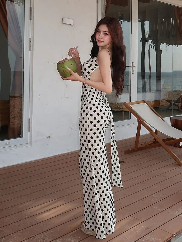 Kliou Y2K Elegant Style Long Dress Woman Summer Trend Polka Dot Print Low-Neck Backless High Waist Robe Beach Party Vestidos