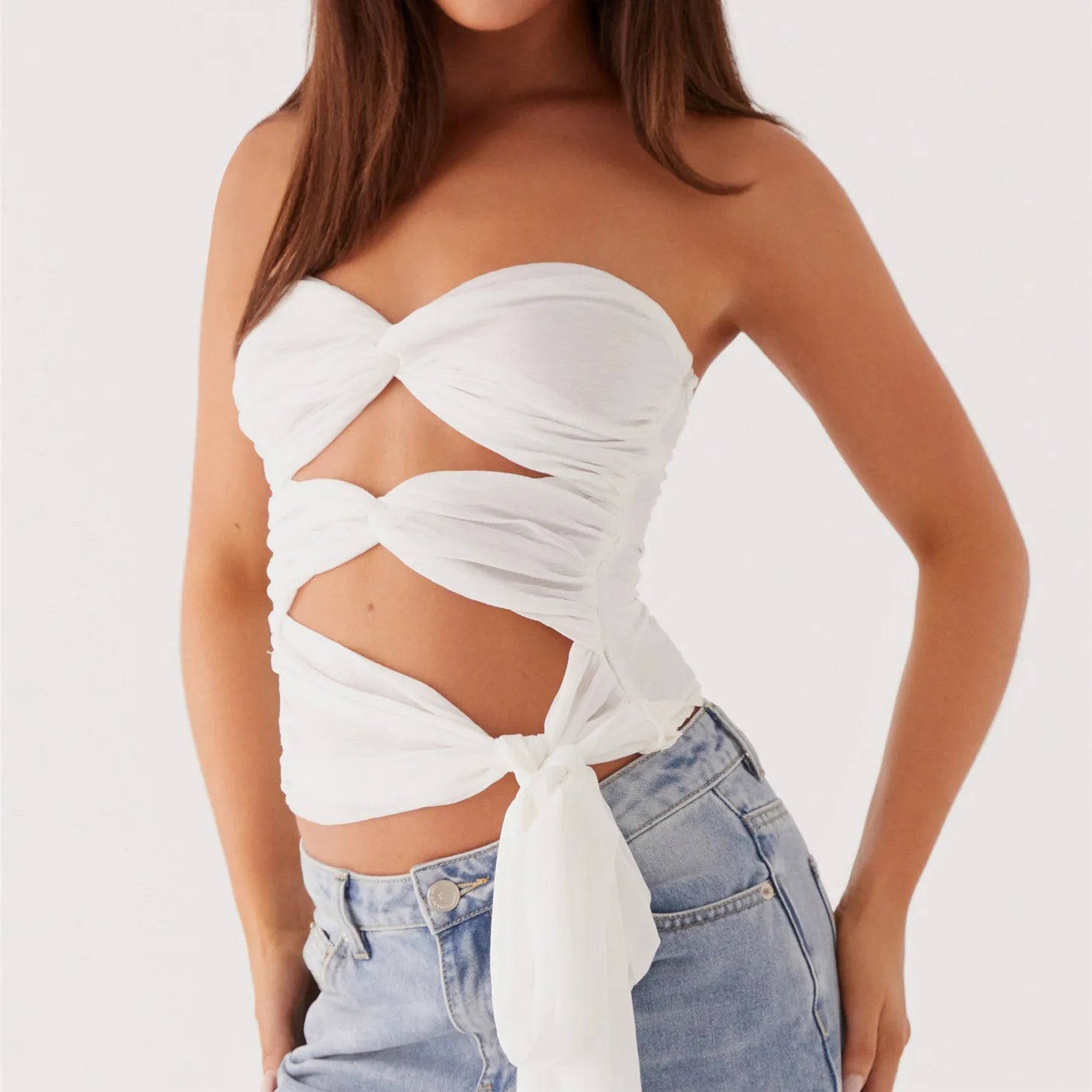 Freya Ruched Twist-Knot Tube Crop Top