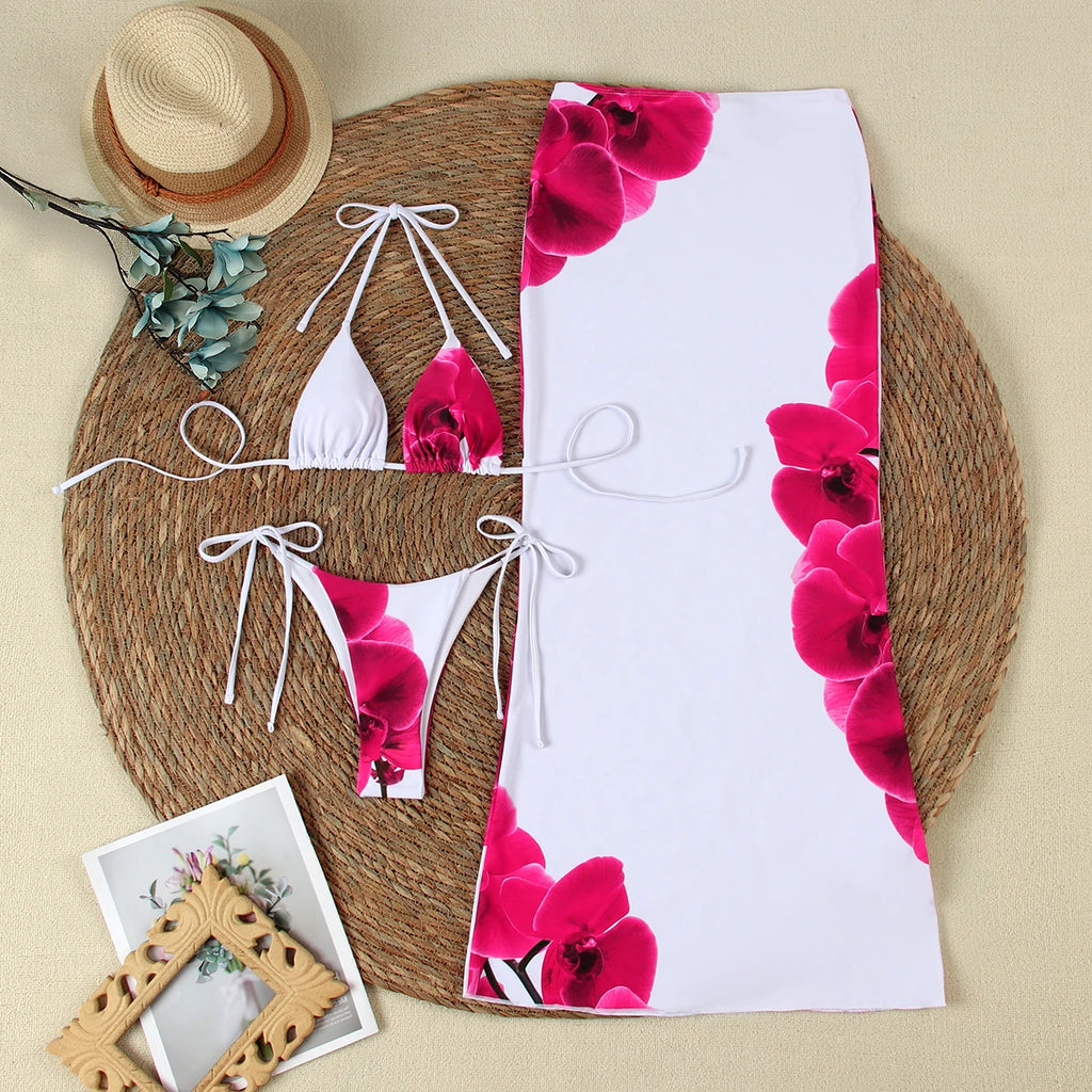 Rosalind Floral Bikini & Long-Skirt Set Three-piece