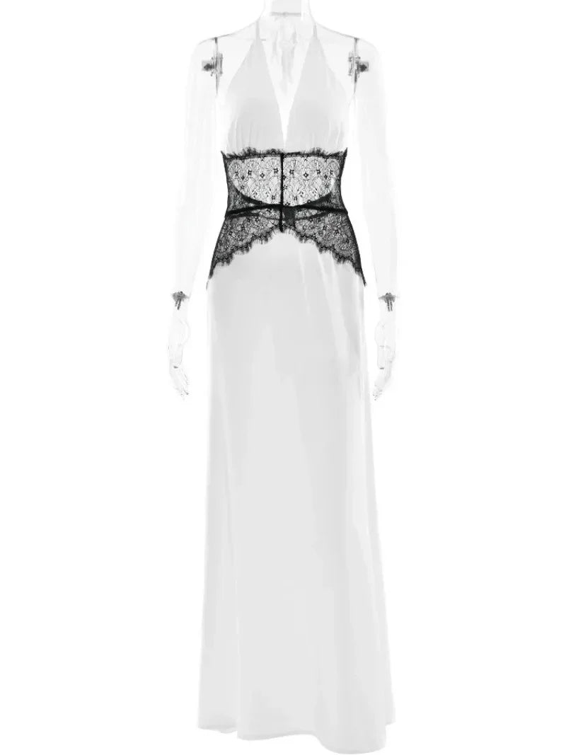 Pervinca Lace-Panel Satin Plunge Halter Backless Maxi Dress