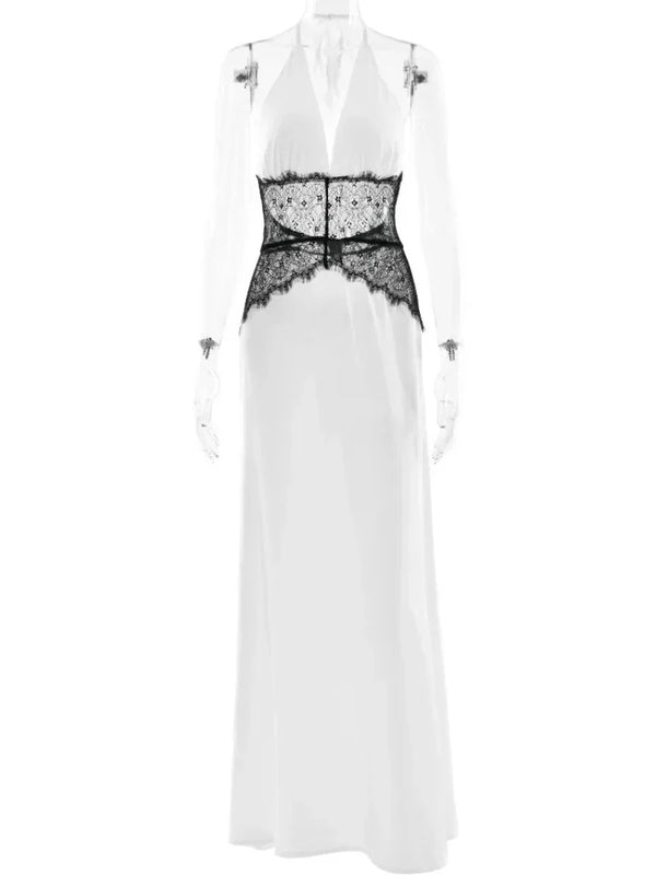Pervinca Lace-Panel Satin Plunge Halter Backless Maxi Dress