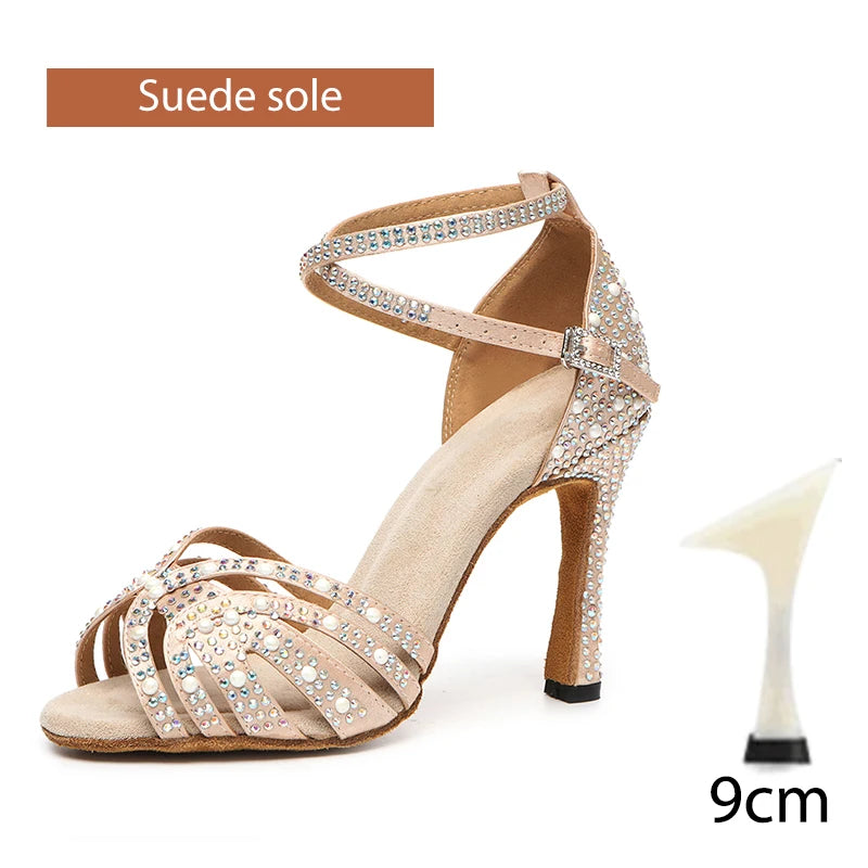 DKZSYIM Rhinestone Latin Dance Shoes Female Latin Salsa Girl Casual Shoes Black Bronze Skin Shiny Ballroom Dance Shoes Sandals
