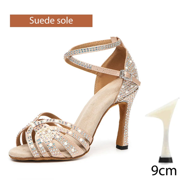 DKZSYIM Rhinestone Latin Dance Shoes Female Latin Salsa Girl Casual Shoes Black Bronze Skin Shiny Ballroom Dance Shoes Sandals
