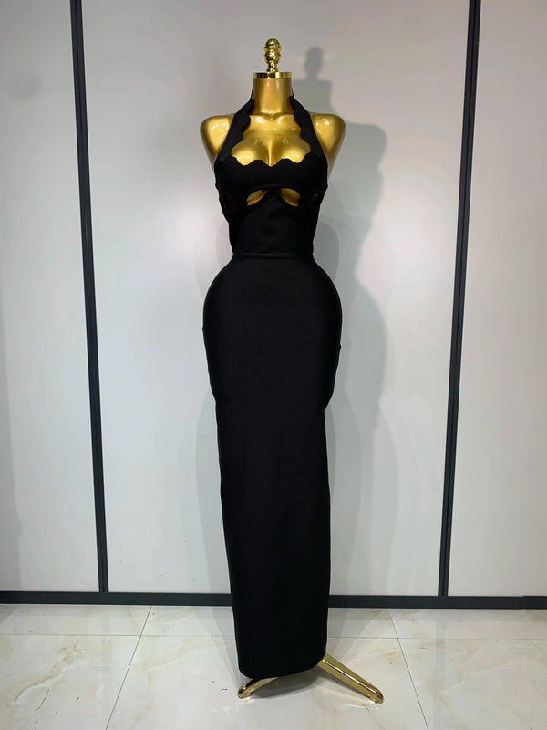 Ornella Scalloped Cutout Halter Bandage Maxi Dress