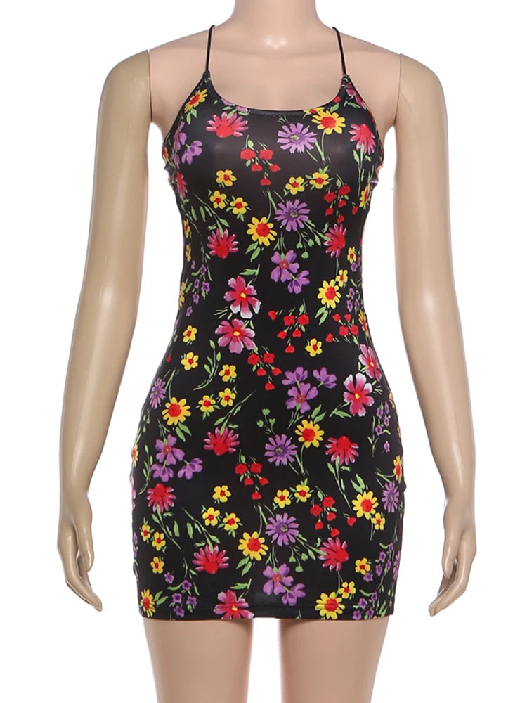Kliou Flower Print Mini Dress Woman Low-Neck Cross Bandage Backless Sleeveless Skinny Peach Hip Hot Girls Street Style Bodycon