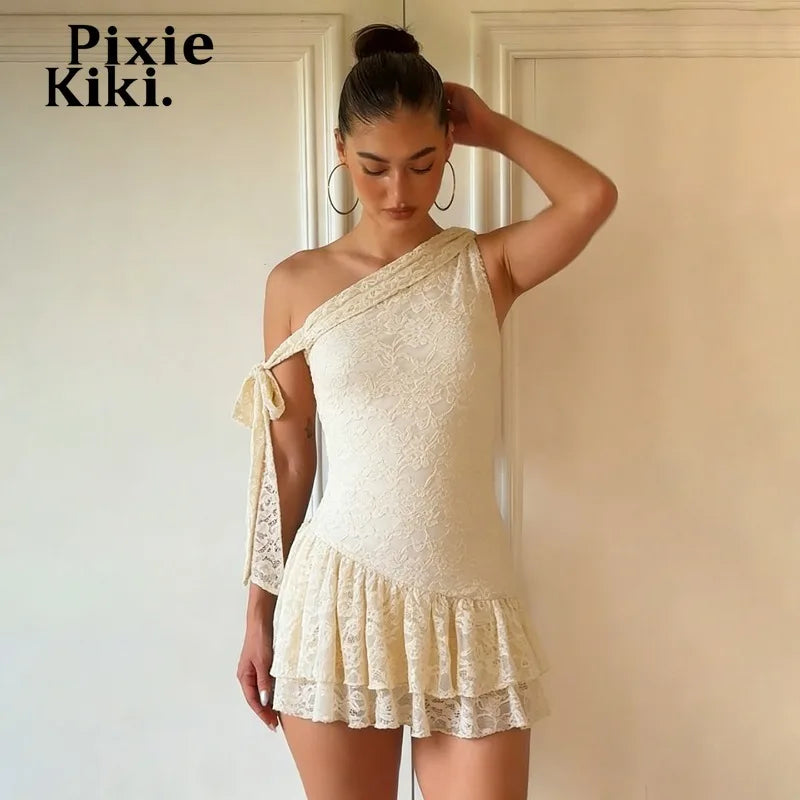 PixieKiki Lace One Shoulder Ruffle Mini Dress Cute Sexy French Style Vacation Dresses Woman Clothes Summer 2026 P67-IA37