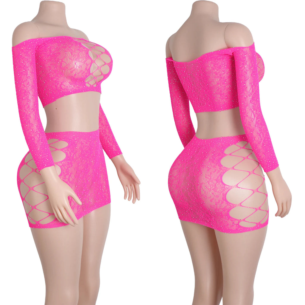 Velvet Eclipse Fishnet Rhinestone Lingerie Two-piece