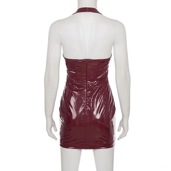 Evangeline Red PU Leather Deep-V Mini Dress