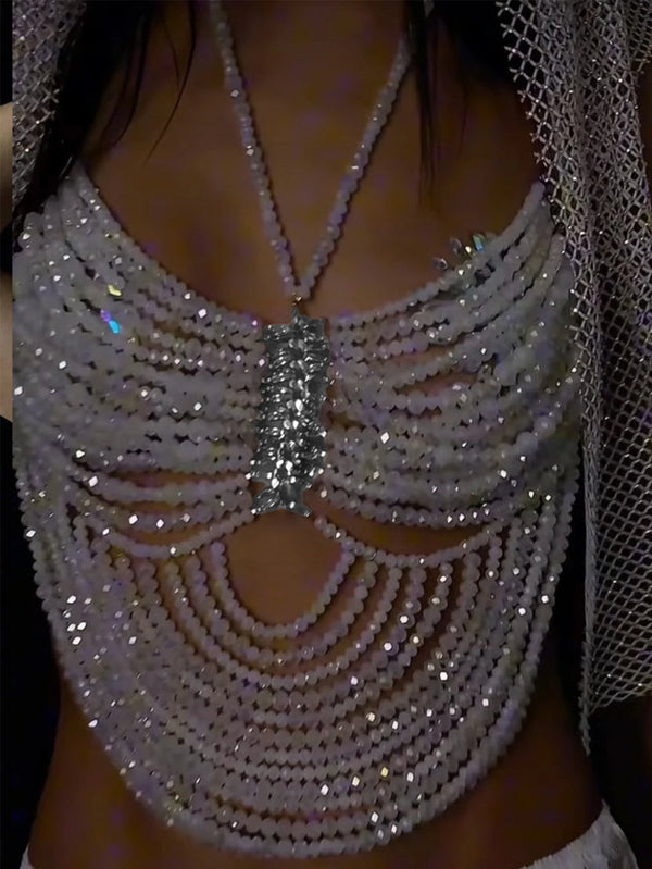 Elara Rhinestone Beaded Halter Crop Top