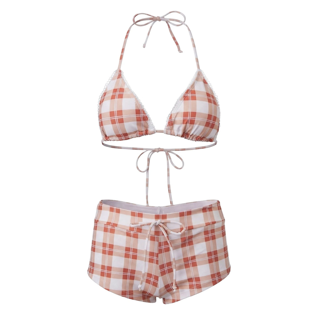 hirigin Women's 2 Piece Bikini Set Fashion Plaid Print Sleeveless Halter Neck Triangle Tops and Low Waist Boyshorts Bathing Suit
