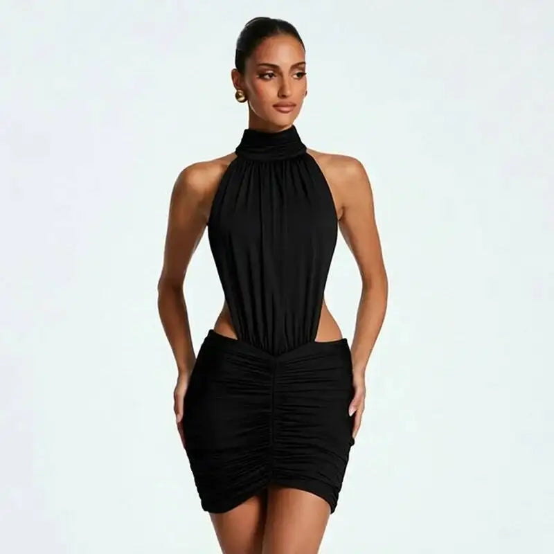 Marcella High-Neck Ruched Backless Mini Dress