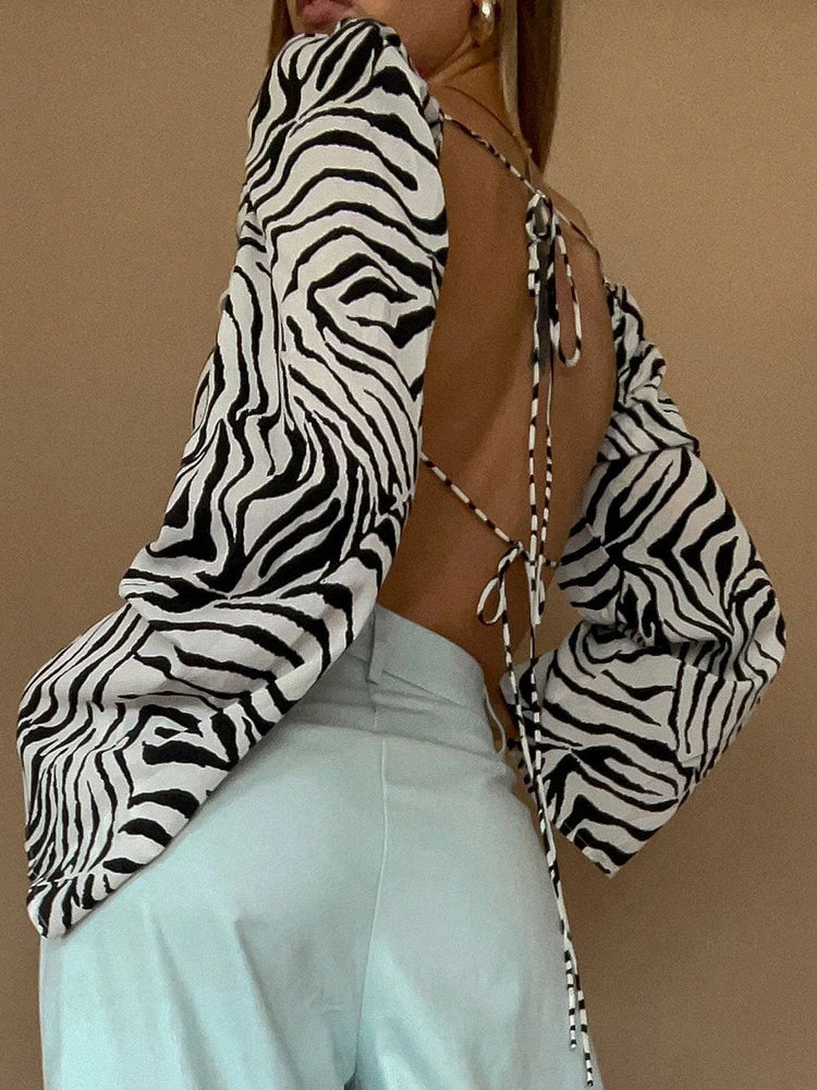 Zelda Zebra-Print Lace-Up Long-Sleeve Crop Top One-piece