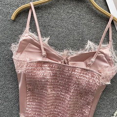 Women Satin Splicing Lace Camis Back Folds Tank Top Pink With Chest Pad Corset Backless Sleeveless Slim Bralette Sexy Crop Tops