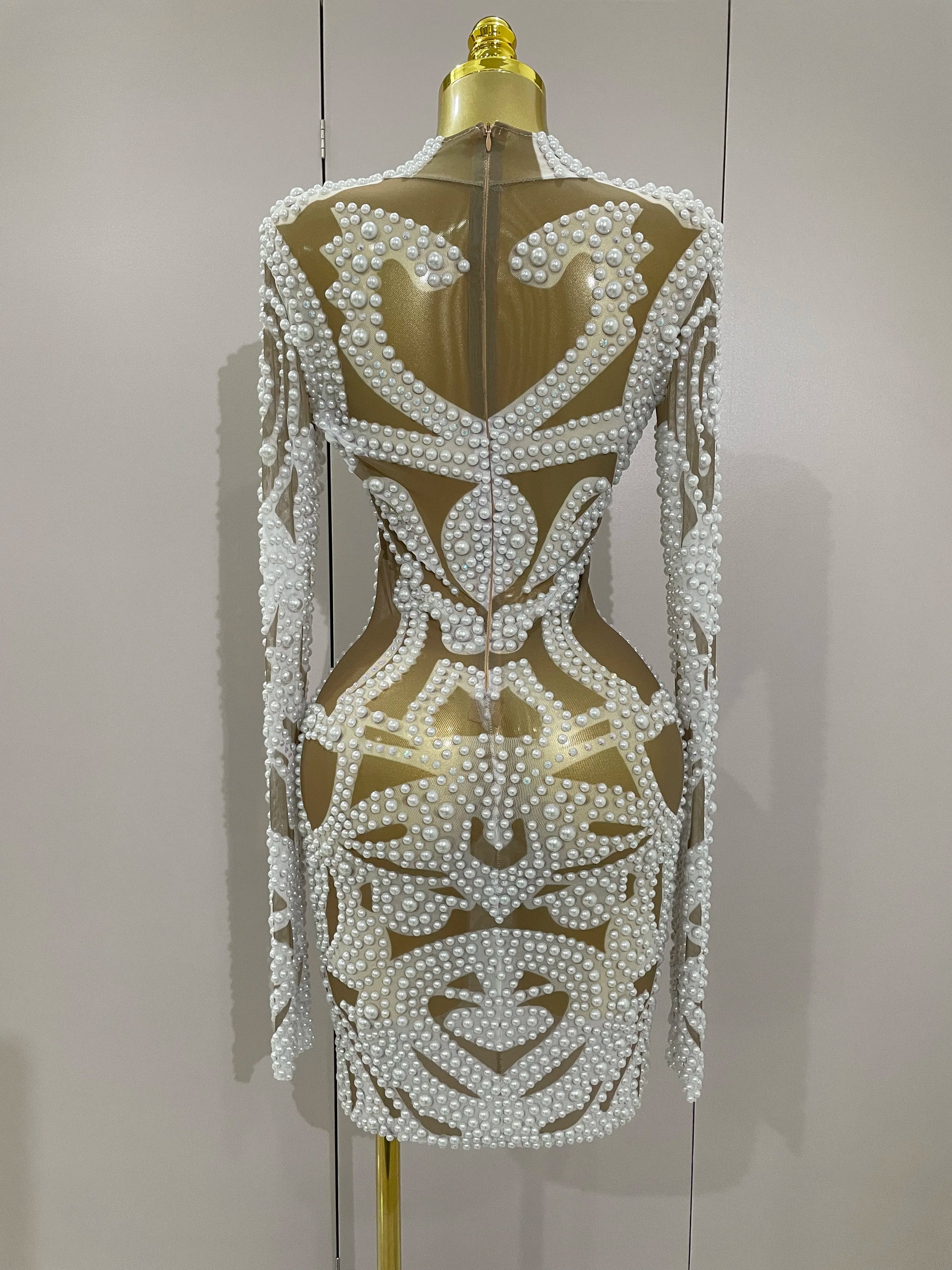 Alessia Pearl Rhinestone Mesh Long-Sleeve Mini Dress