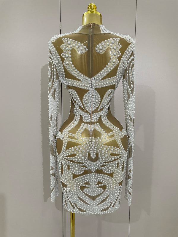 Alessia Pearl Rhinestone Mesh Long-Sleeve Mini Dress
