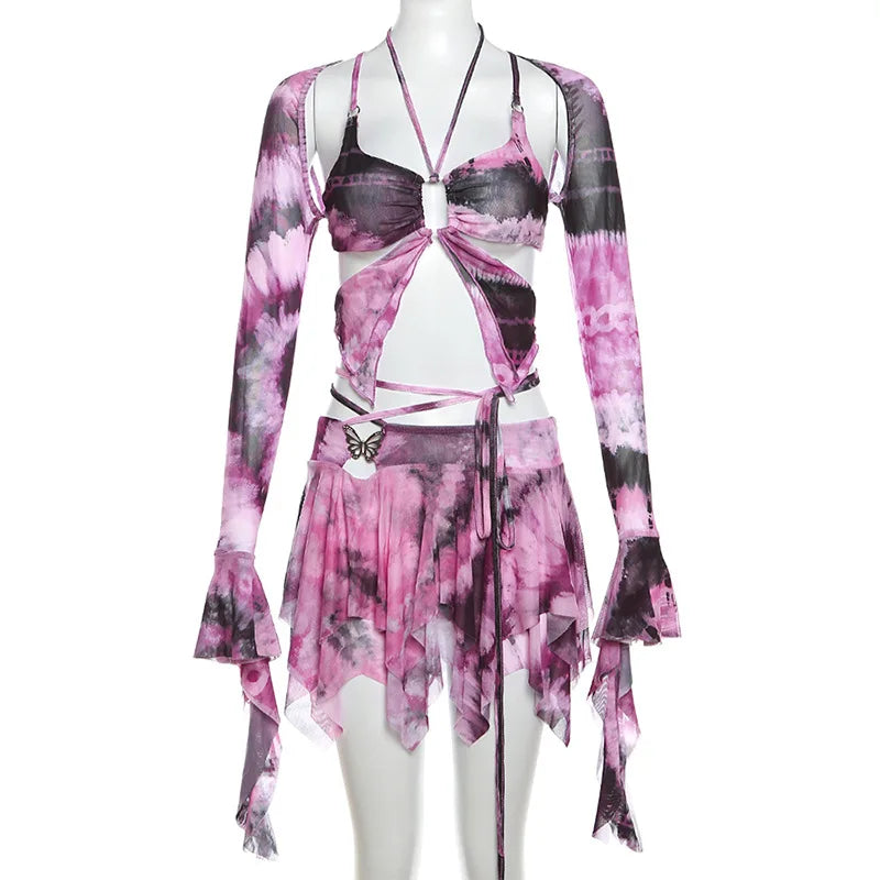 Gwynedd Y2K Ruffle Tie-Dye Crop Top & Wrap Mini Skirt Set