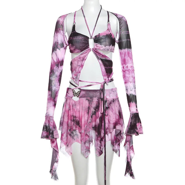 Gwynedd Y2K Ruffle Tie-Dye Crop Top & Wrap Mini Skirt Set