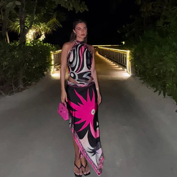 Ermengarde Print Halter Bow Backless Top & Long Skirt Set