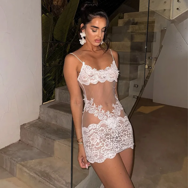 Giulietta Sheer Floral Lace Mesh Cami Lingerie Mini Dress