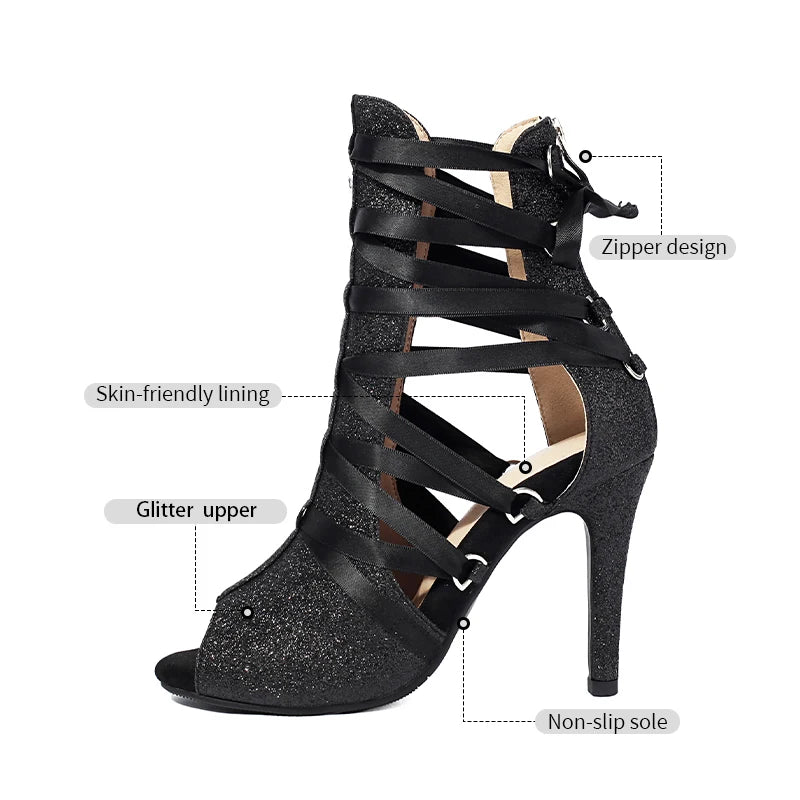 DKZSYIM Women Dance Boots Girls Ladies Jazz Dancing Shoes Thin Heels Glitter Shining Latin Indoor Party Dance Shoes Personalized