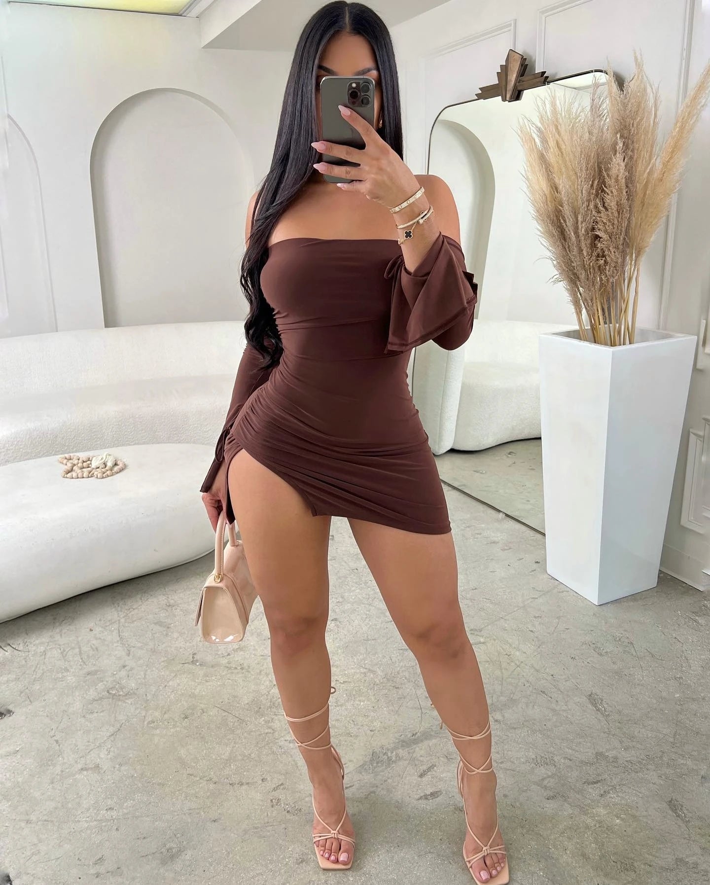 Livia Off-Shoulder Long-Sleeve Bodycon Mini Dress
