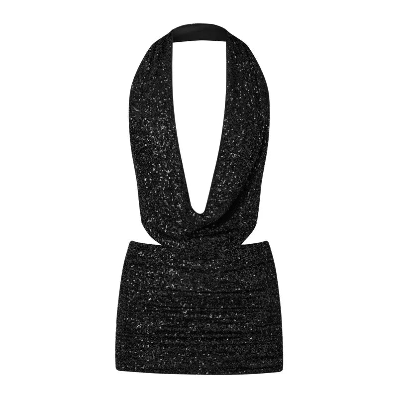 Wynonna Sequin Halter Cowl Crop Top & Mini Skirt Set
