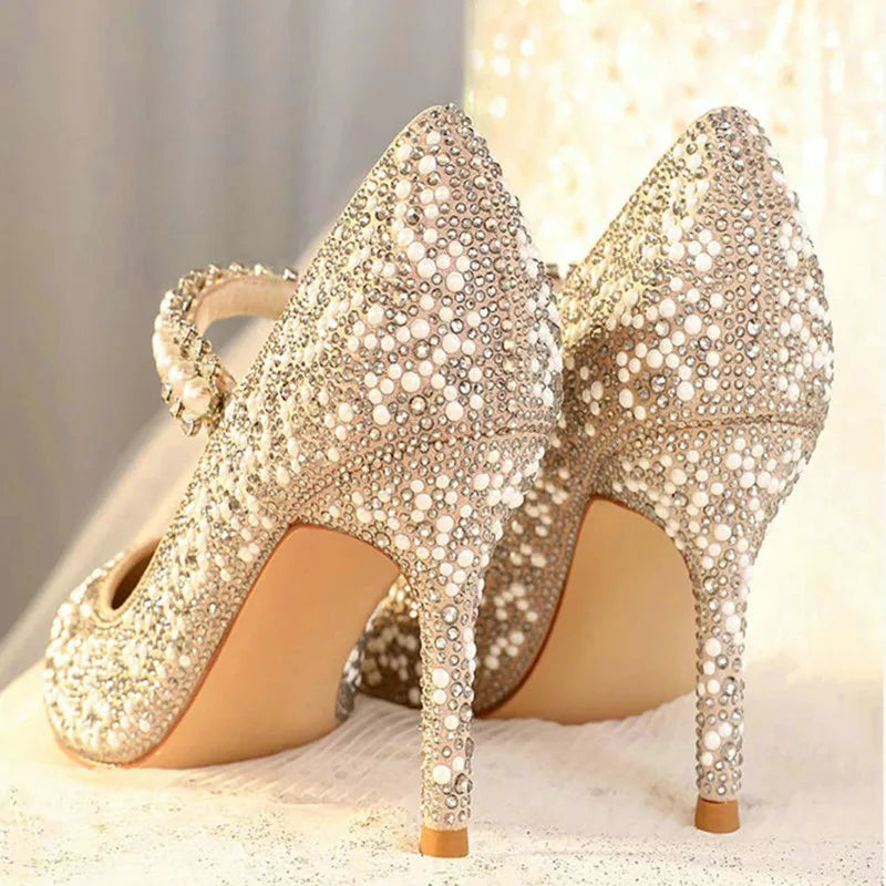 Crystal Women Wedding Pumps One Strap Pointed Toe Famous Shoes Ladies Elegant Spring Summer Stiletto Heels Pumps Bride Balanced