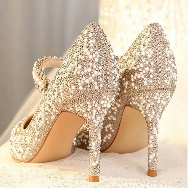 Crystal Women Wedding Pumps One Strap Pointed Toe Famous Shoes Ladies Elegant Spring Summer Stiletto Heels Pumps Bride Balanced