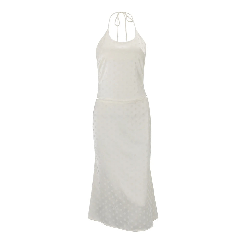 Petra Polka-Dot Satin Halter Midi Skirt Set Two-piece