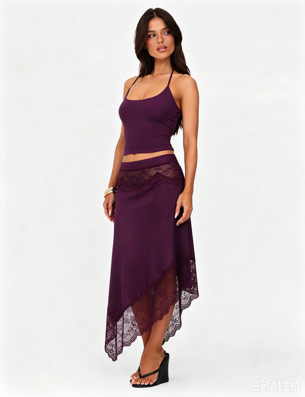 Violetta Lace Satin Asymmetrical Midi Skirt Set Two-piece