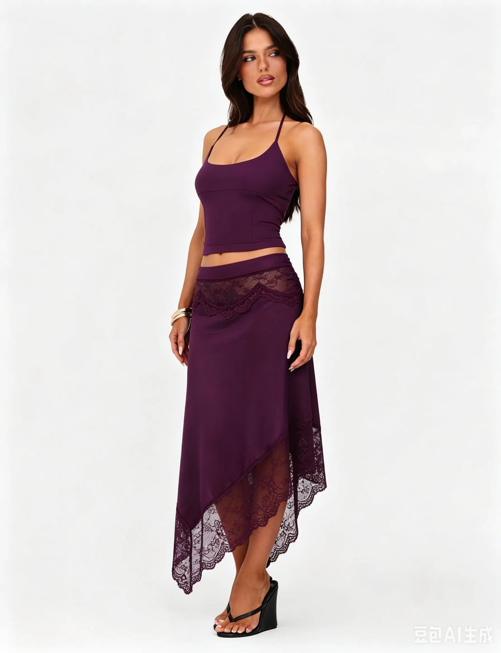 Violetta Lace Satin Asymmetrical Midi Skirt Set Two-piece