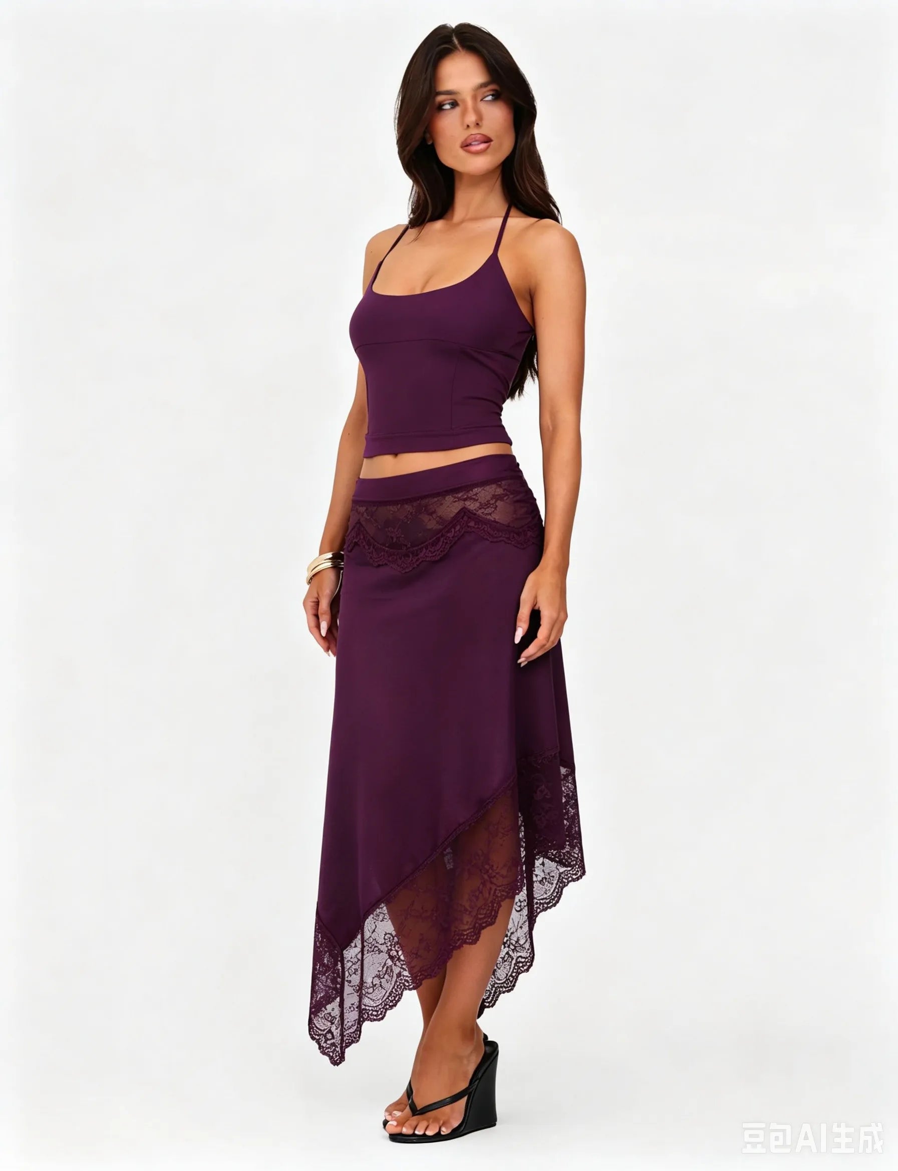 Violetta Lace Satin Asymmetrical Midi Skirt Set Two-piece