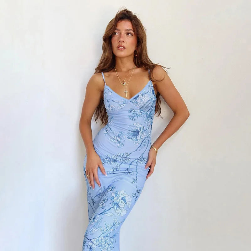Adalgisa Floral Print V-Neck Cami Backless Bodycon Maxi Dress