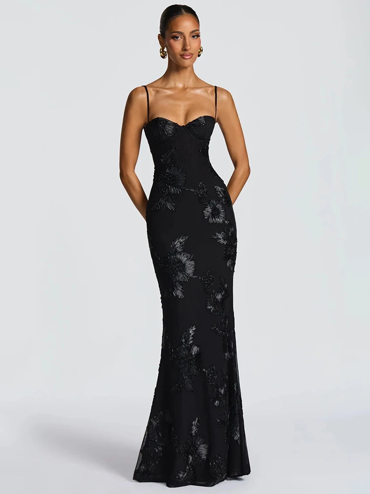 Liliana Floral Appliqué Backless Maxi Dress