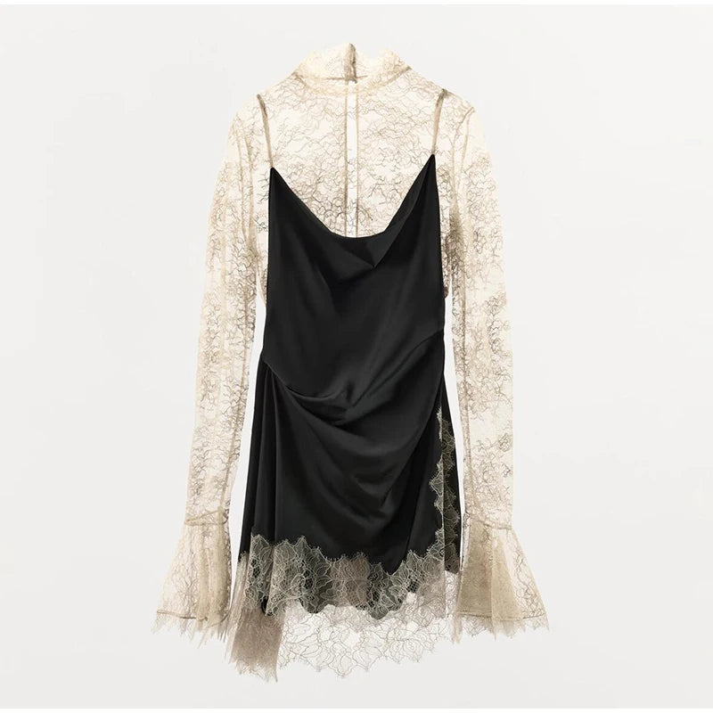 Genevieve Lace-Patchwork Flared-Sleeve Mini Dress