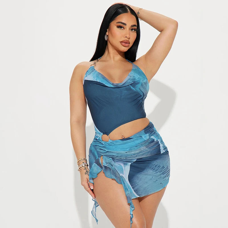 Eliana Scenery-Print Halter Ruffle Mini Dress
