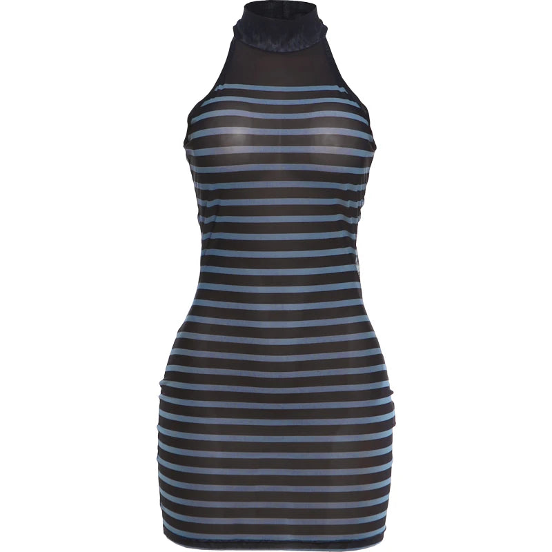 Kliou Stripe Patchwork Mini Dress Woman Sexy See Through Turtleneck Sleeveless Skinny Peach Hip Street Sexy Fashion Bodycon