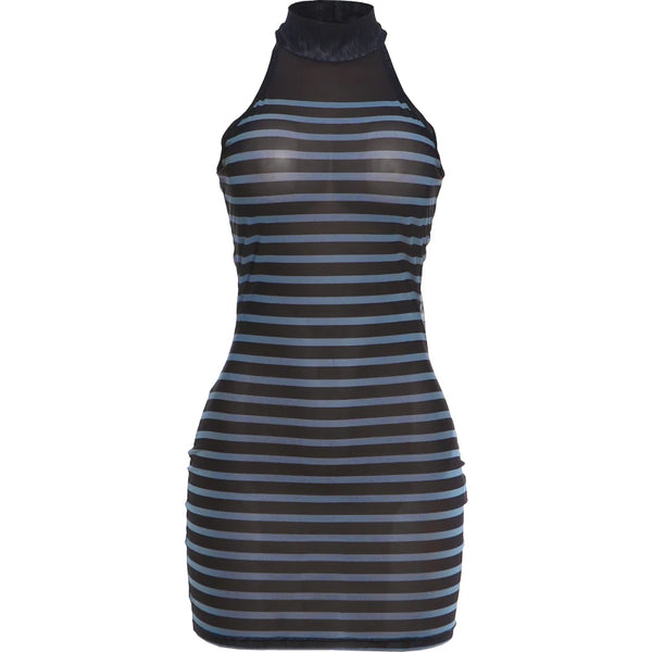 Kliou Stripe Patchwork Mini Dress Woman Sexy See Through Turtleneck Sleeveless Skinny Peach Hip Street Sexy Fashion Bodycon