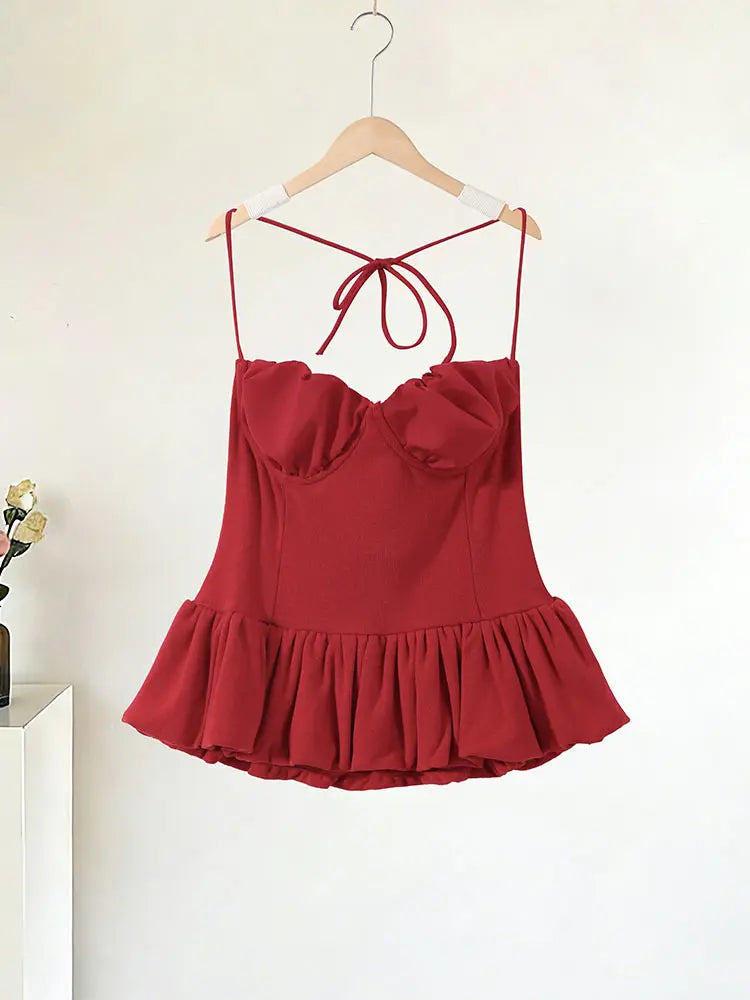Perpetua Red Halter-Tie Sweetheart Peplum Top One-piece