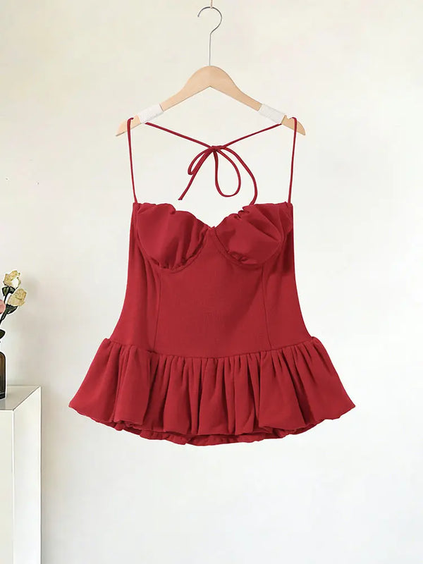 Perpetua Red Halter-Tie Sweetheart Peplum Top One-piece