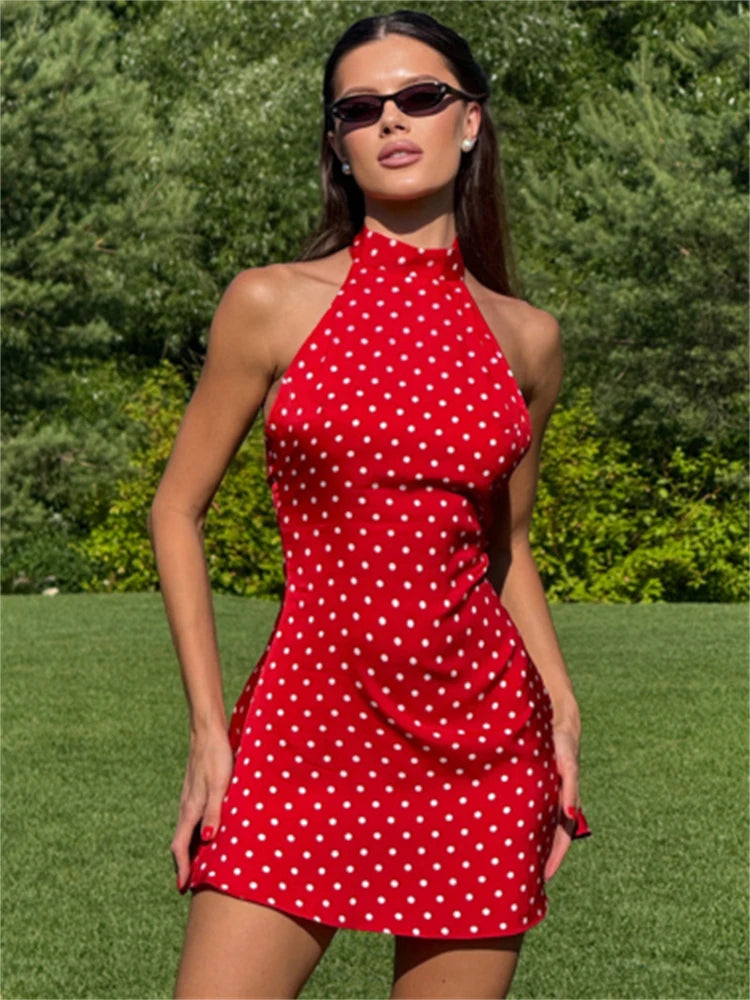 Hyacinthe Polka-Dot Tie-Halter Backless A-Line Mini Dress