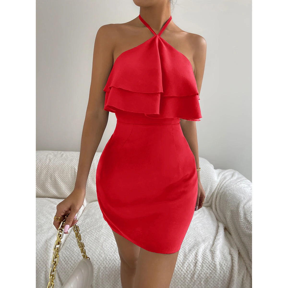 Maelle Ruffle-Trim Backless Halter Mini Dress