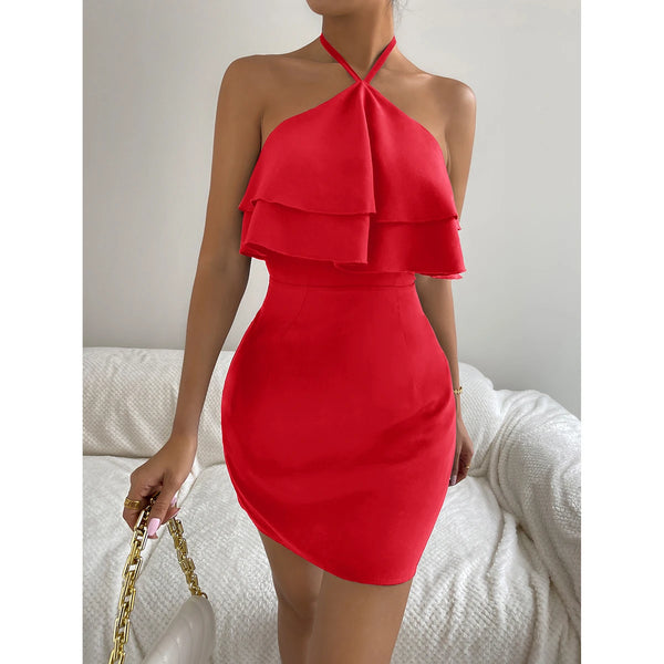 Maelle Ruffle-Trim Backless Halter Mini Dress