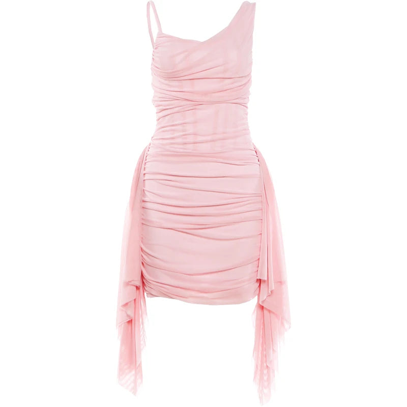 Kliou Mesh Patchwork Pink Dress Woman Summer Trend Low-Neck Backless Ruffles Tassel Skinny Wrap Hip Ruched Elegant Mini Bodycon