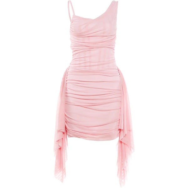 Kliou Mesh Patchwork Pink Dress Woman Summer Trend Low-Neck Backless Ruffles Tassel Skinny Wrap Hip Ruched Elegant Mini Bodycon
