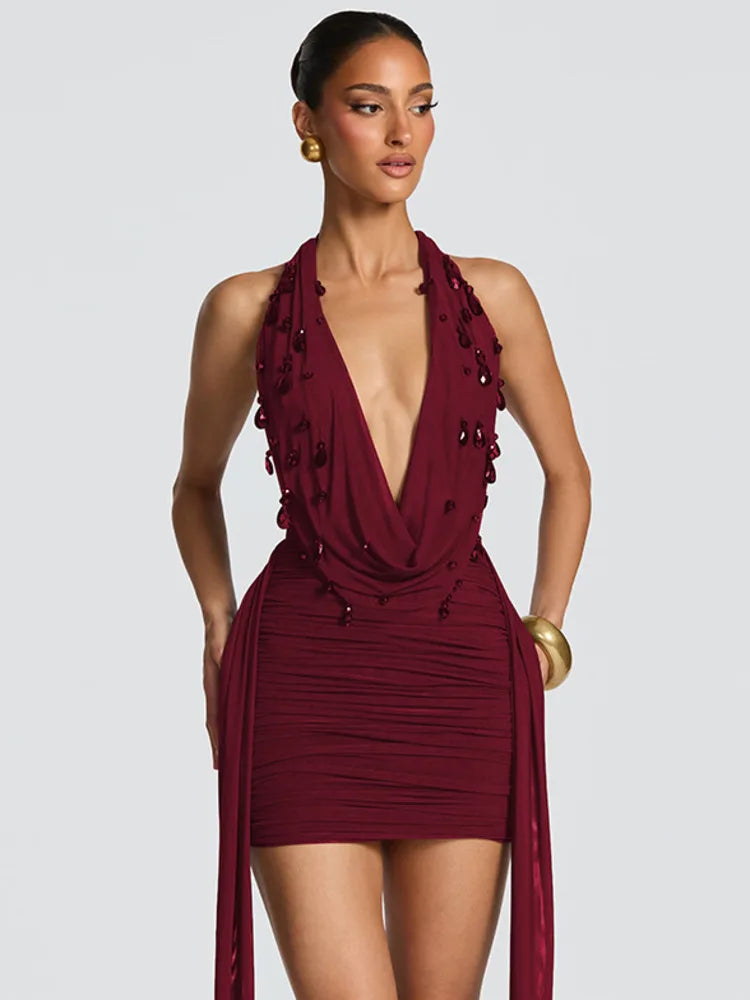 Camille Crystal-Drop Halter Backless Mini Dress