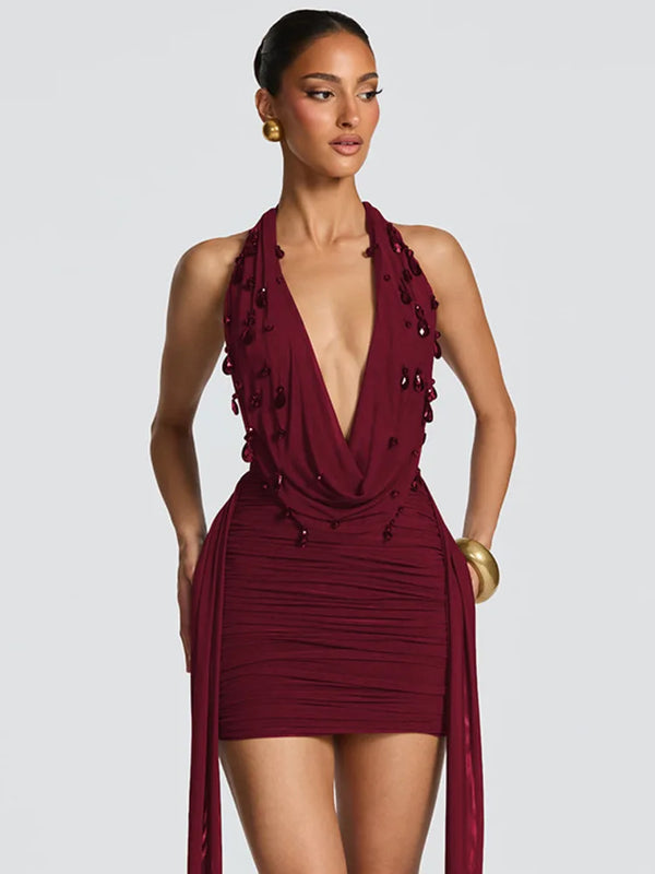 Camille Crystal-Drop Halter Backless Mini Dress